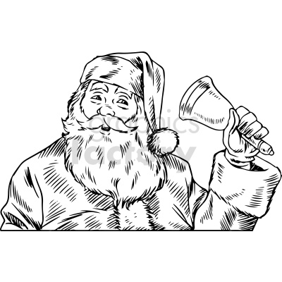 Black and white clipart illustration of Santa Claus holding a bell. Santa is smiling and dressed in his traditional outfit, complete with a hat and fluffy trim.
