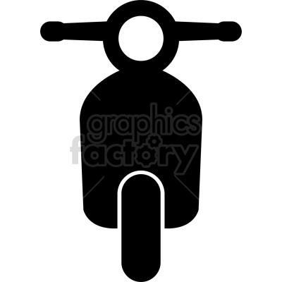   The clipart image shows the front view silhouette of a scooter in black and white. It is a stylized icon or symbol representation of a motorized two-wheeled vehicle with a small platform for the rider