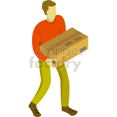 A clipart image of a person in a red shirt and green pants carrying a cardboard box.