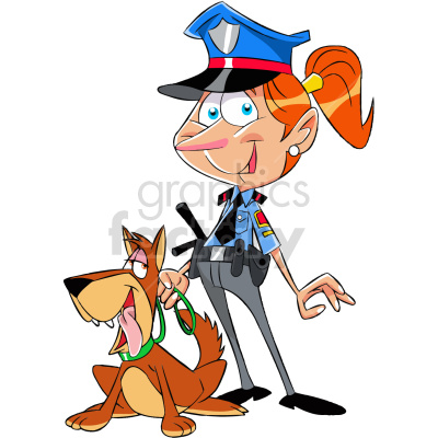 The clipart image shows a cartoon depiction of a female police officer, standing upright with her K9 dog and wearing a uniform typically worn by law enforcement officers. The officer appears to be smiling and has short hair.
