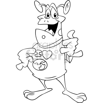This is a black and white clipart image of a cartoon alien character. The alien has a cheerful expression and is pointing to itself with one hand while making a thumbs-up gesture with the other. It is wearing an 'I love Earth' t-shirt with a heart and Earth graphic on it.