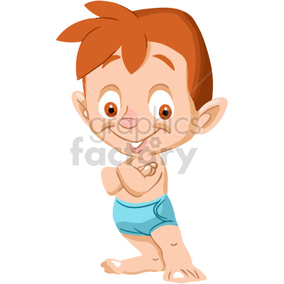 A clipart image of a happy, cartoon baby with brown hair wearing blue diapers, standing with arms crossed and smiling.