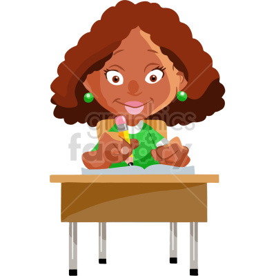 Clipart image of a young girl with curly brown hair sitting at a desk, writing in a notebook with a pencil.