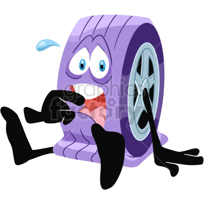 A cartoon illustration of a purple tire character with expressive eyes and mouth, appearing to be nervous or scared, with a drop of sweat on its face. The tire has black arms and legs. The bottom of the tire is all squashed, suggesting it has gone flat