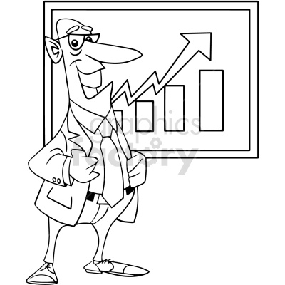 A cartoon businessman giving a presentation in front of a chart with a rising arrow, indicating growth or success.