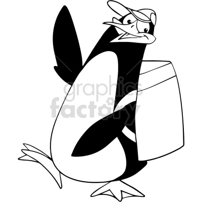 This image depicts a black and white cartoon penguin with a backpack on it. It has a baseball cap on its head and is in a walking stance as if its in motion