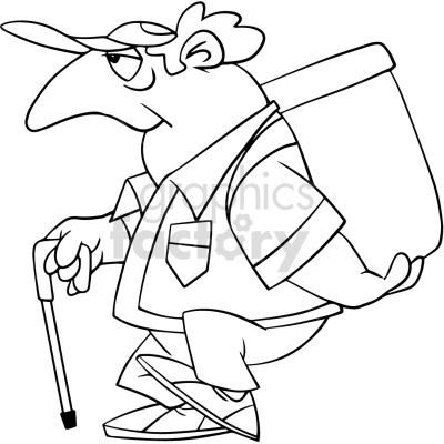 A black and white clipart image of an elderly man walking with a cane while carrying a large backpack.