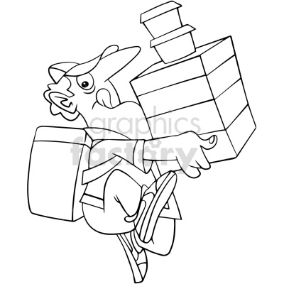 A black-and-white clipart image of a delivery person carrying a large stack of packages.