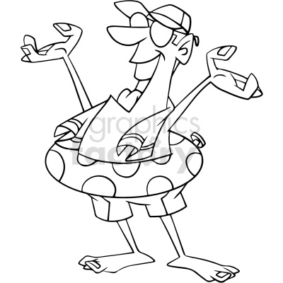 A black and white clipart image of a quirky cartoon man wearing a polka dot swim ring, a baseball cap, and shorts with his arms raised in a playful manner.
