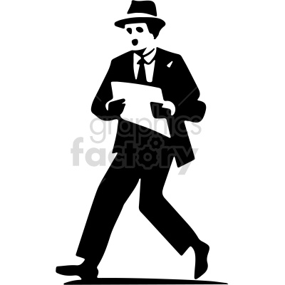 A black and white clipart image of a man in a suit and hat walking while holding a document.