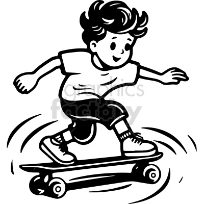 black and white kid riding skateboard cartoon vector clip art