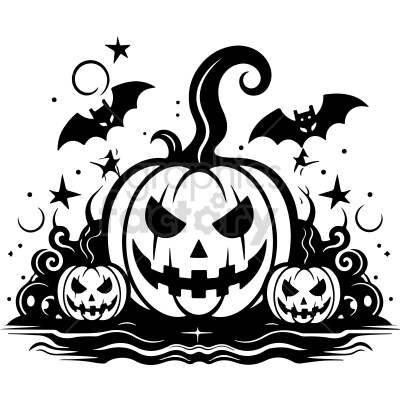 black and white pumpkin patch with bats vector clip art