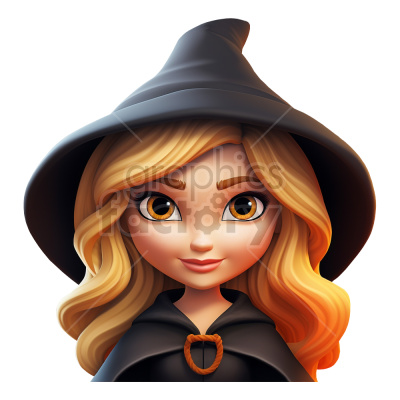 A stylish cartoon witch with wavy blonde hair wearing a black pointed hat and cloak, making eye contact with a friendly expression.