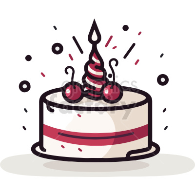 A clipart image of a birthday cake with cherries on top and a lit, striped candle in the center. The cake has a red stripe around its middle and is decorated with confetti-like elements.