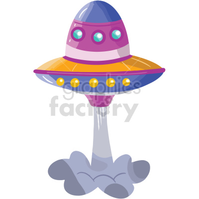 A colorful clipart image of a UFO taking off, purple, pink, and orange color scheme, emitting a cloud of smoke below.