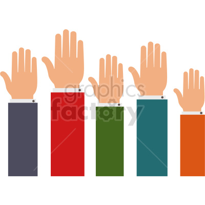 A clipart image depicting five raised hands of varying sizes and colors, representing diversity and participation.