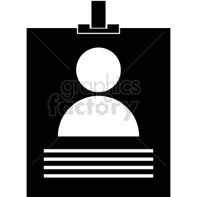 A black and white clipart image of an ID badge featuring a circular user icon at the top and horizontal lines below it, representing text details.