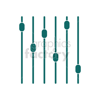 This clipart image displays six vertical sliders or audio control knobs, depicted in a minimalist, teal color. The sliders are designed to represent audio or sound control settings, commonly found on sound mixing equipment like mixers or equalizers.