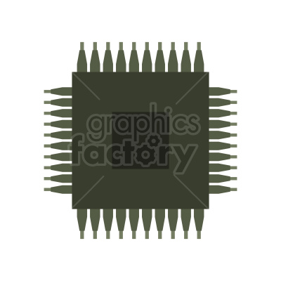 A dark green clipart image of a microchip with multiple pins on all sides.