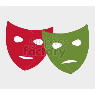 A clipart image featuring two theatrical masks, one red with a happy expression and one green with a sad expression, symbolizing comedy and tragedy in theater.