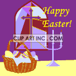 Animated Easter greeting with menora and basket of eggs in church