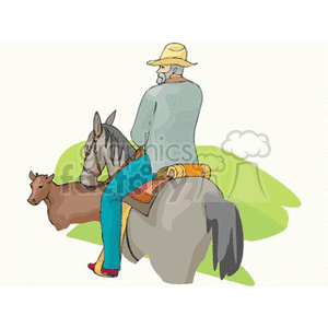 The image is a clipart featuring a cowboy riding a horse. The cowboy is dressed in a long-sleeve shirt, jeans, and a wide-brimmed hat. 