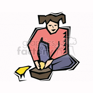 The clipart image depicts a stylized representation of a girl sitting next to a box with baby chicks. The girl appears to be interacting with the chicks, which are likely meant to represent young chickens. The style is simple with bold outlines and flat colors.
