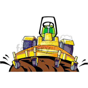   The clipart image depicts a stylized yellow and purple farm tractor engaged in agricultural work, tilling the earth as it moves across a field. The design is cartoonish, with exaggerated features and a bold color scheme meant to capture attention rather than provide detailed realism. 