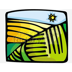 The clipart image depicts an abstract, stylized representation of a farm landscape. It features rolling hills in various shades of green and yellow indicating fields, which could imply areas of crops or fallow land. A bright sun with radiating rays is illustrated in the corner of the image, suggesting a sunny day.