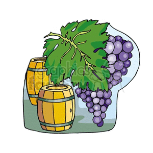 The clipart image depicts two wooden barrels, possibly for aging or storing wine, placed next to a bunch of purple grapes with green leaves attached to them, suggesting a theme related to wine production and grape cultivation, which are elements of agriculture.