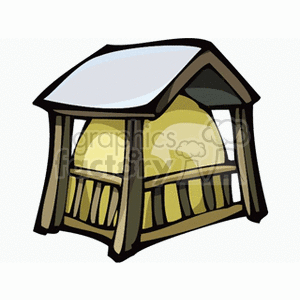 The clipart image features a small wooden shed or shelter with a grey roof, sheltering large bales of hay or straw. The shed is open on the sides, with wooden beams providing structural support.