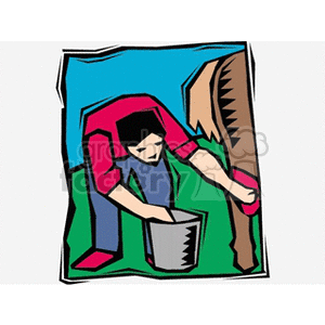 The clipart image features a cartoon-style illustration of a farmer engaged in grooming a horse. The farmer is wearing a cap and appears to be using a bucket, possibly for washing or bathing the horse.