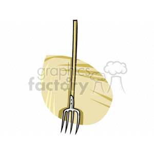 The clipart image displays a pitchfork with a bundle of hay or straw in the background, representing agricultural farm tools and activities.