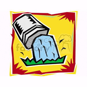This clipart image features a stylized representation of a watering bucket pouring water onto grass. The bucket appears to be tilted, with water cascading out and down towards the green grass at the bottom. The background consists of abstract shapes in yellow and red, with a dynamic outline suggesting movement around the bucket.
