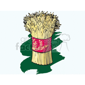 The image is a clipart illustration of a sheaf of wheat. It depicts a bundle of wheat stalks tied together with a band that has an emblem of wheat, representing a harvested bunch. This is typically associated with agriculture and harvest themes.