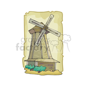 The clipart image depicts a traditional Dutch-style windmill typically associated with scenes of Holland. It shows a wooden windmill with large sails standing against a plain background. There are some shrubs at the base of the windmill, indicating its placement in a natural setting.