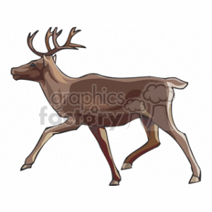 The clipart image depicts a brown deer with antlers in a motion that suggests it is either running or walking briskly. The deer appears to be an adult with fully developed antlers.