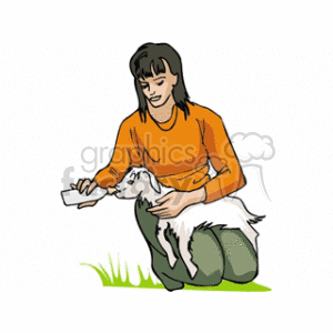 The clipart image shows a girl who is feeding a baby lamb with a bottle. The girl is squatting on the grass and the lamb is taking the bottle with apparent eagerness.