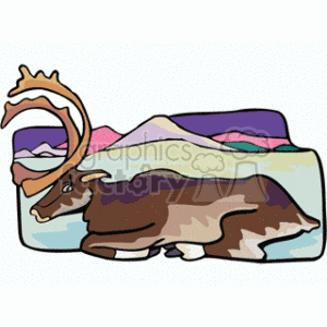 The clipart image shows a stylized brown reindeer with prominent antlers. The reindeer appears to be sitting or crouching, and there is a colorful backdrop that suggests a mountainous or hilly landscape with purple and green hues.