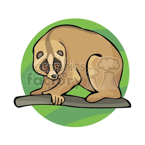 The image shows a stylized clipart illustration of a sloth on a branch. The sloth has distinctive facial markings and is in a climbing pose.