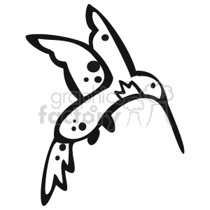 The image shows a hummingbird hovering in the air. Its wings are outstretched, and its long beak is pointed down. Its feathers have a speckled pattern