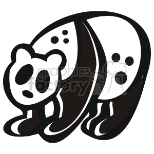 The image is a line art drawing of a panda. It has black and white areas, with large spots on it. It has large black eyes that are well-known for Pandas
