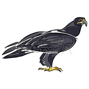 The clipart image depicts a stylized hawk. The bird is shown in profile, standing with its beak slightly open. It appears to have a dark body with lighter accents on the wings and a yellow beak and talons.