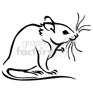 The image is a simple black and white line drawing of a mouse. It's depicted in a side profile with its head turned slightly toward the viewer, showing its characteristic large ears, pointed snout, and long whiskers. The mouse has a rounded body, a long tail extending behind it, and appears to be sitting on its hind legs, with one front paw lifted off the ground