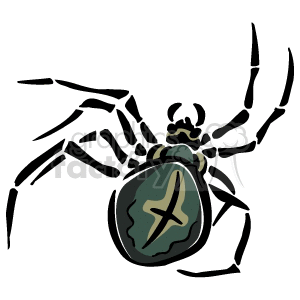 This clipart image features a stylized representation of a black widow spider. The spider is depicted with black legs and a prominent rounded abdomen with a characteristic red hourglass shape on the underside, although the color is not clearly visible here.
