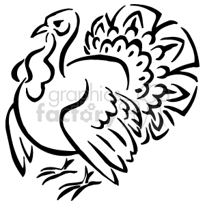 The image is a line art depiction of a turkey. It shows the profile of the turkey, featuring its prominent fan-like tail feathers, a wing, and the characteristic features of its head like the snood (the fleshy protuberance that hangs over the beak), wattle (the dangling skin beneath the chin), and a generally stout body shape typical of turkeys. This simplified graphic represents a turkey, which is a large bird native to North America and commonly associated with Thanksgiving in the United States.