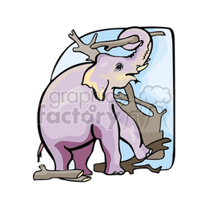 The image depicts a cartoon of an elephant, characterized by its large body, prominent trunk, and tusks. The elephant appears to be interacting with its environment, possibly pulling on branches with its trunk. The drawing is stylized with limited detail and a soft color palette.