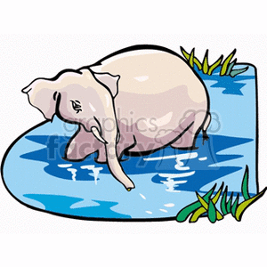 The clipart image depicts an elephant wading in water. It seems to be a representation of an African elephant as it is bathing or engaging in a form of water-based hygiene. There is vegetation indicating a natural setting, possibly suggesting an African environment.