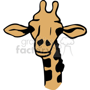 This image features the illustration of a giraffe's head and upper neck. The giraffe is depicted in a stylized cartoon form, with characteristic patterns of spots and patches that are typical of a giraffe's fur. The giraffe's eyes, ears, ossicones (the horn-like structures on its head), and facial features are rendered in a simple, yet recognizable manner.