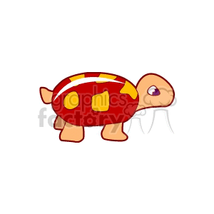 The image depicts a stylized, cartoonish turtle. Its shell has red and yellowish-orange segments with a white outline, and the turtle's skin appears to be a light orange or tan color. One of its eyes is visible, showing a large, round purple eye with a small white reflection, giving it a cute, animated appearance.